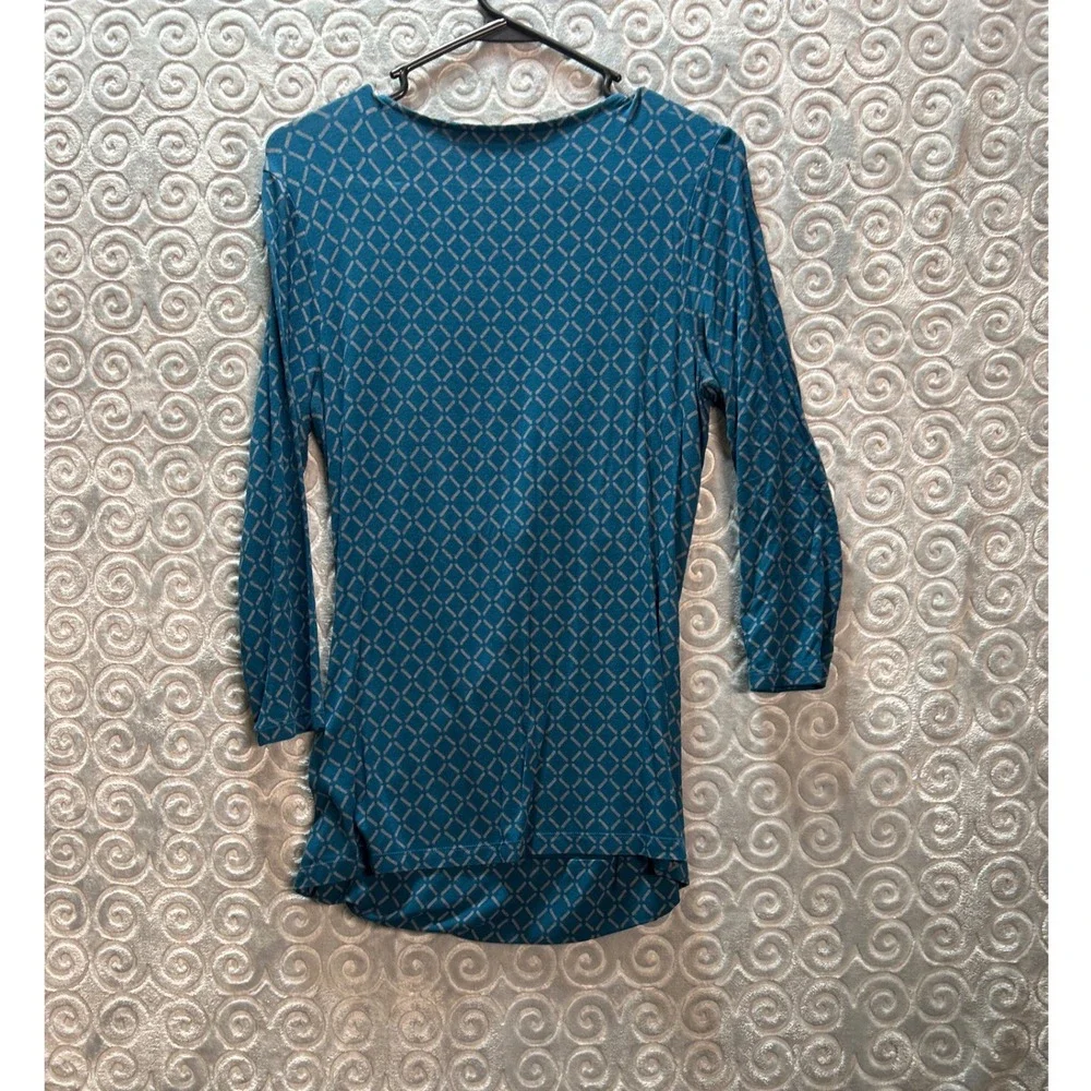 VTG Y2K Banana‎ Republic Teal Blue Geometric Print 3/4 Sleeve Ruched Top Size S